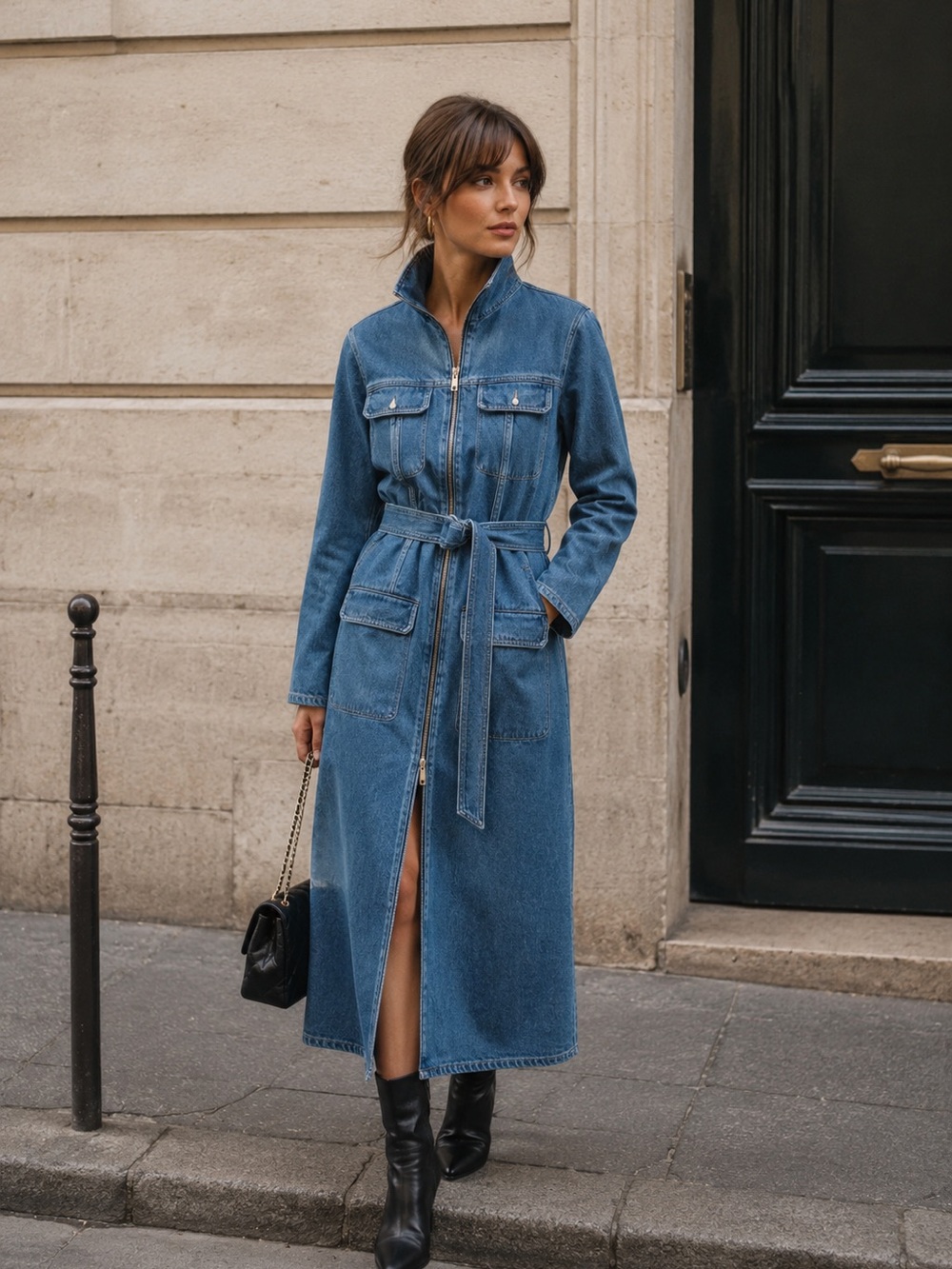 & Other Stories Denim Belted Utility Midi Dress